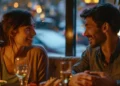 two people from different cultures sharing a meal together and engaged in a deep conversation, smiling and connecting over a traditional dish.