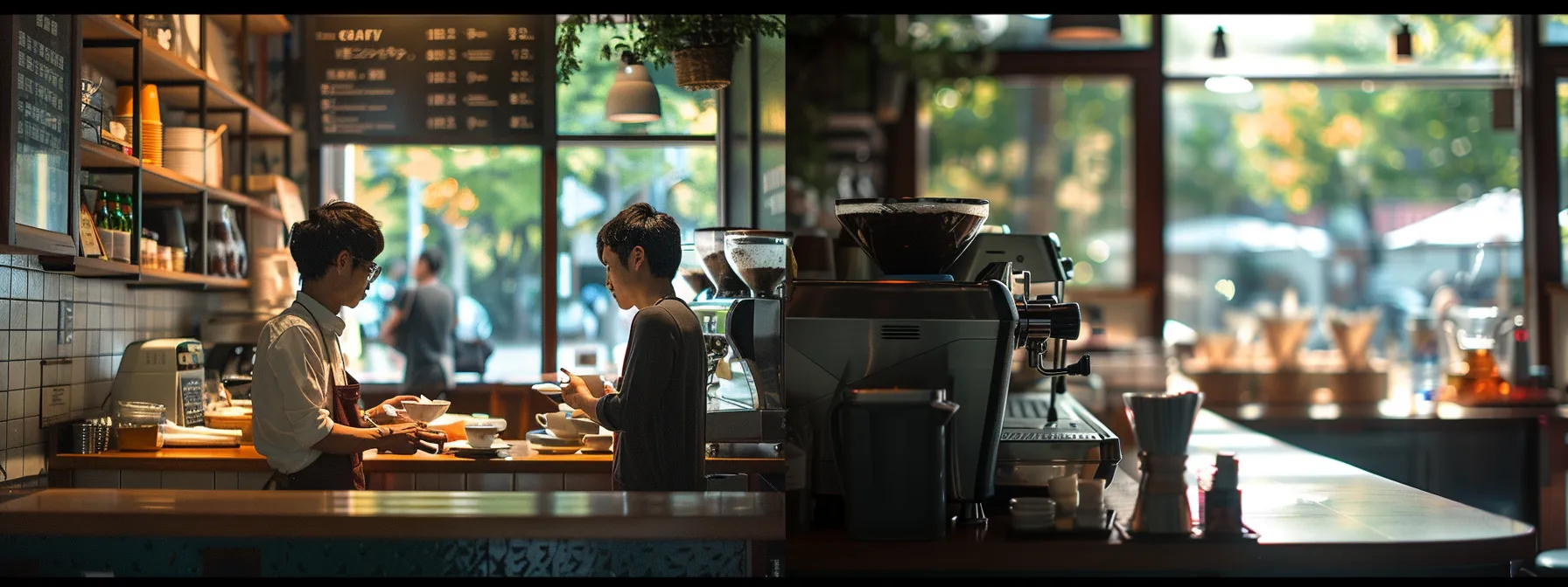 amidst a cozy coffee shop setting, a customer compares prices and perks between a local cafe and a chain store, weighing the balance of cost and quality for their ultimate coffee experience.