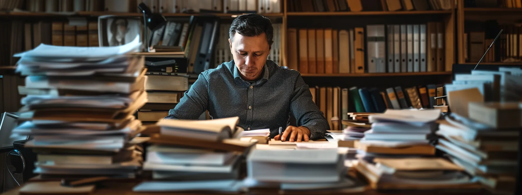 a professional sitting at a desk, surrounded by stacks of industry-specific research materials, tailoring their cv with a focused expression.