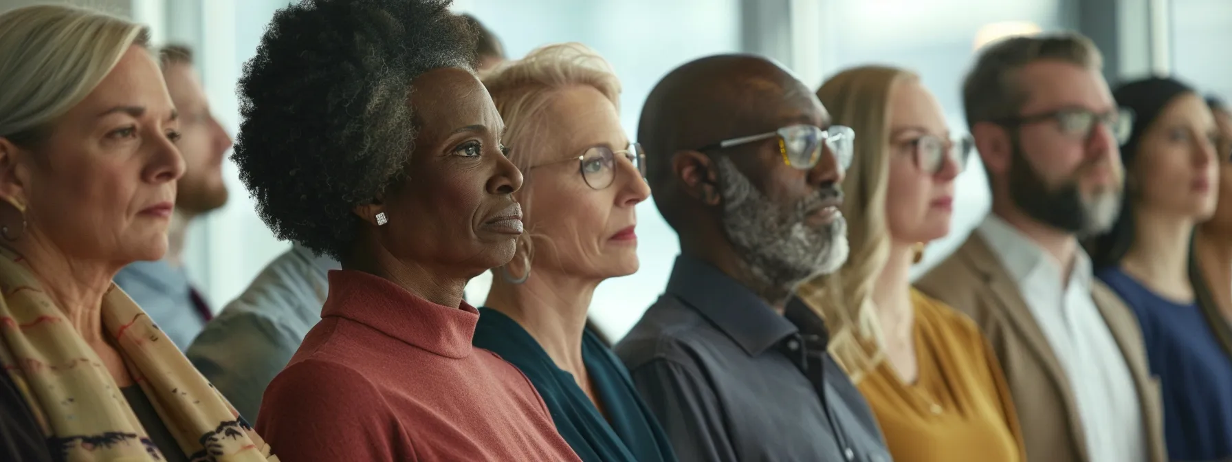 a group of diverse employees standing together, united and empowered, discussing workplace rights and policies with determination and solidarity.