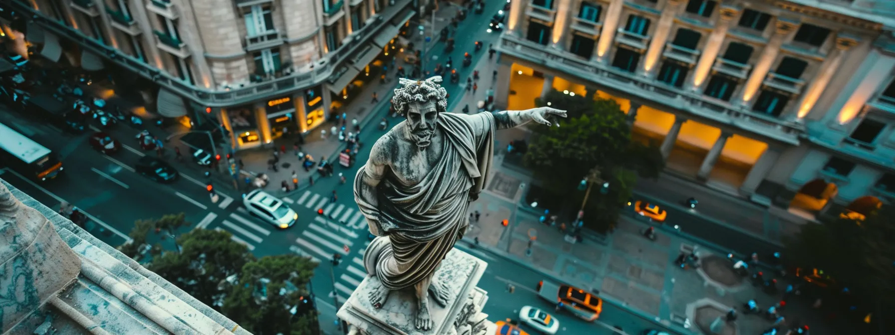 a majestic marble statue of an ancient empire ruler presiding over a bustling modern city square, with towering buildings and intricate urban planning in the background.