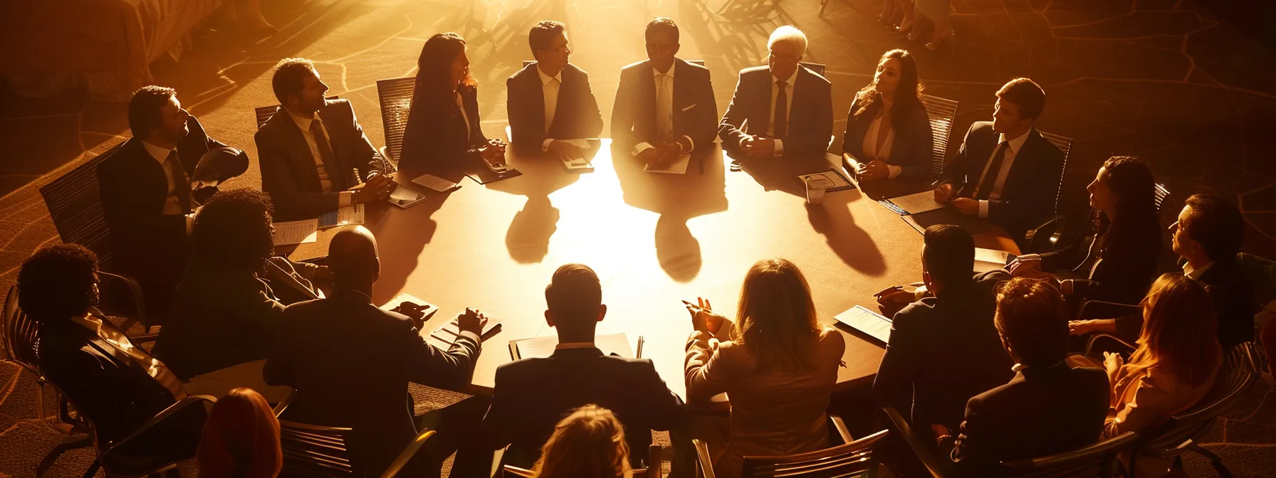 a business executive at a round table surrounded by diverse customers engaged in a meaningful conversation, listening intently and taking notes.