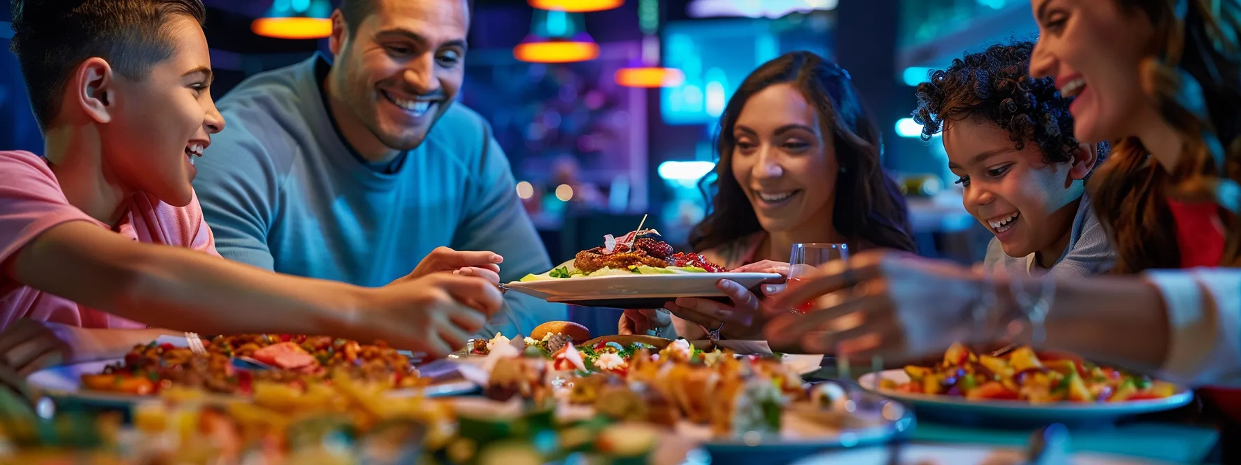 a family joyfully sharing a variety of mouthwatering dishes and dessert platters at a vibrant topgolf dining table.