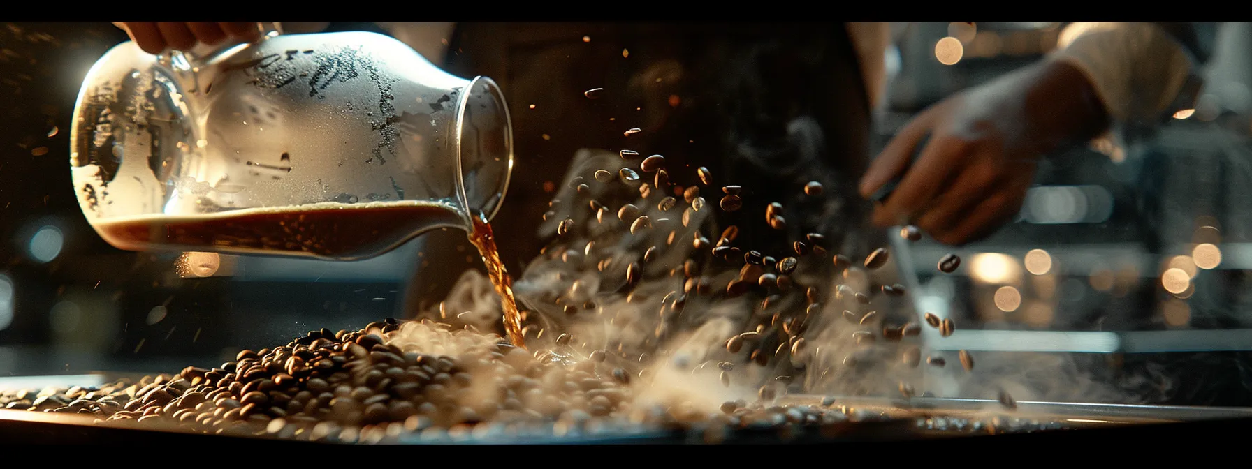 a barista carefully pouring steaming water over a bed of freshly ground coffee beans, releasing the rich aroma of hazelnut notes.