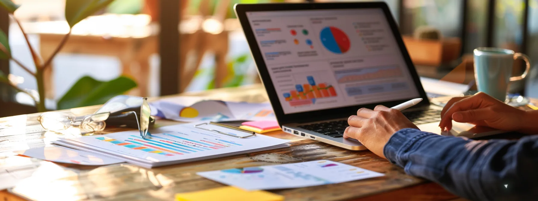 a person updating their resume with a laptop open to a page of new accomplishments, surrounded by industry trend reports and feedback notes, showcasing a dedication to continuous career improvement.