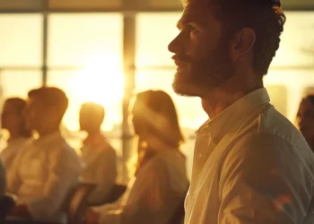 a group of employees looking inspired and motivated under the guidance of a charismatic leader in a bright, sunlit conference room.