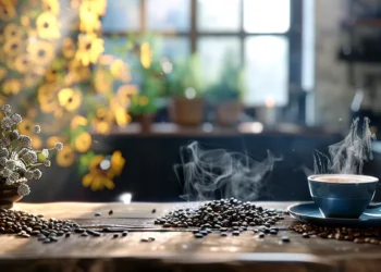 a cozy cafe table adorned with diverse artisan coffee beans, brewing equipment, and a steaming cup of freshly brewed java.