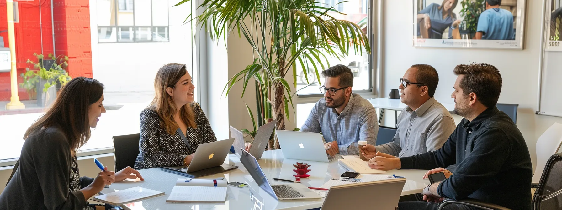 a group of diverse professionals brainstorming innovative ideas in a bright, modern office setting.