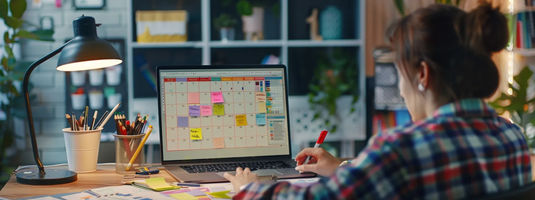 a professional sitting at a desk, mapping out goals on a digital planner, surrounded by colorful sticky notes and a calendar, with a laptop open displaying planning software.