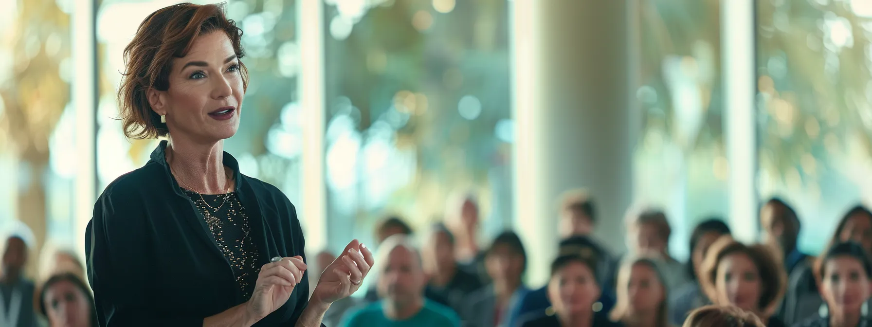 a professional woman confidently delivering a speech in front of a diverse audience at a corporate event.