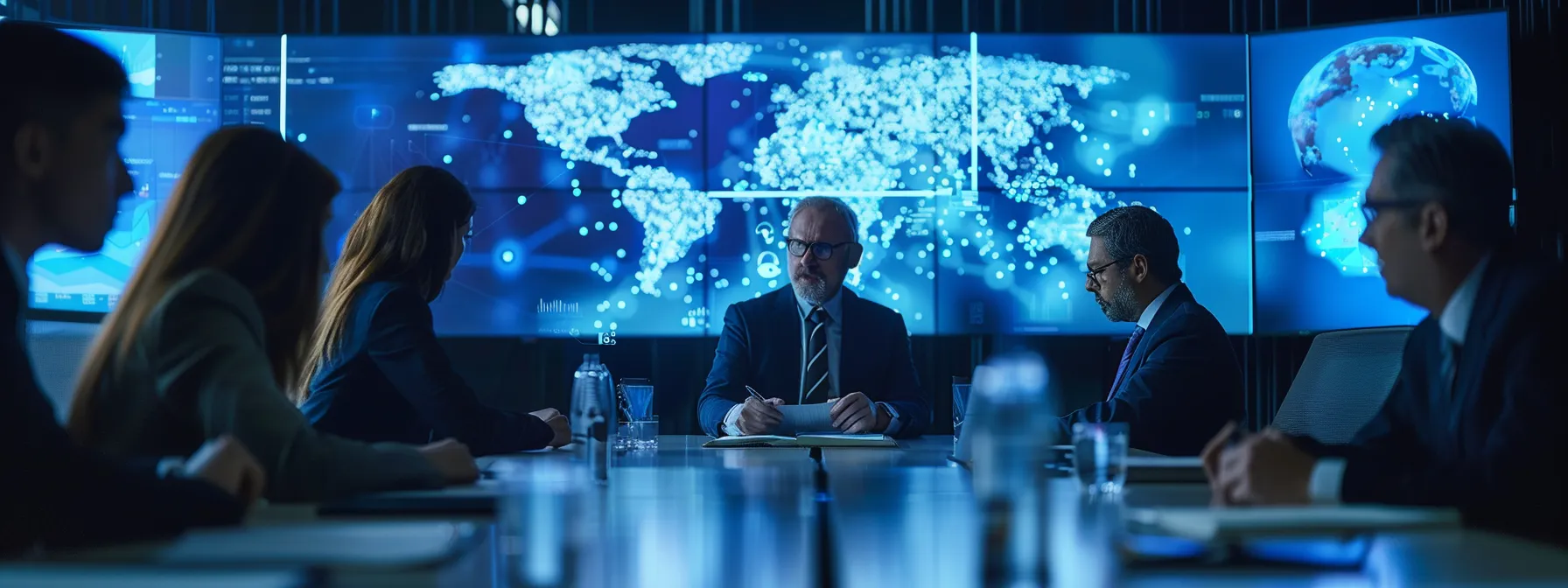 a leader at a conference table, surrounded by a team of experts, evaluating data and making critical decisions during a crisis.