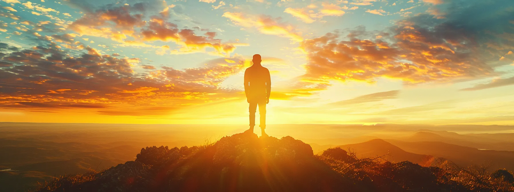 a silhouette of a confident leader standing on a hill at sunrise, gazing towards a distant horizon with a bright, clear vision in mind.