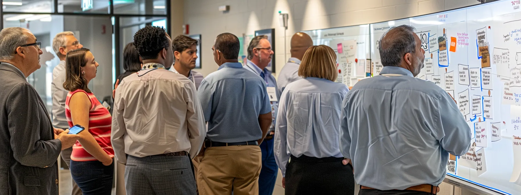 a diverse group of employees gathered around a whiteboard brainstorming ideas together, exemplifying teamwork and innovation in fostering a culture of continuous improvement.