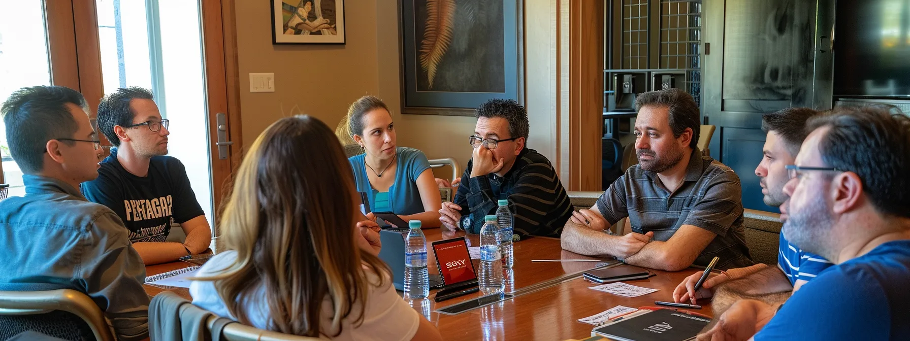 a diverse group of project team members engaged in a productive discussion, utilizing negotiation techniques and collaborative problem-solving to resolve conflicts and foster teamwork.