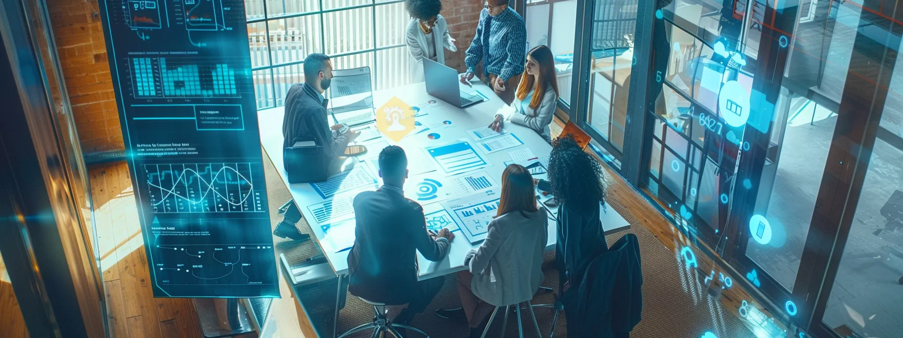 a group of diverse professionals engaged in a brainstorming session, with charts and graphs scattered around, reflecting the need for organizational change.