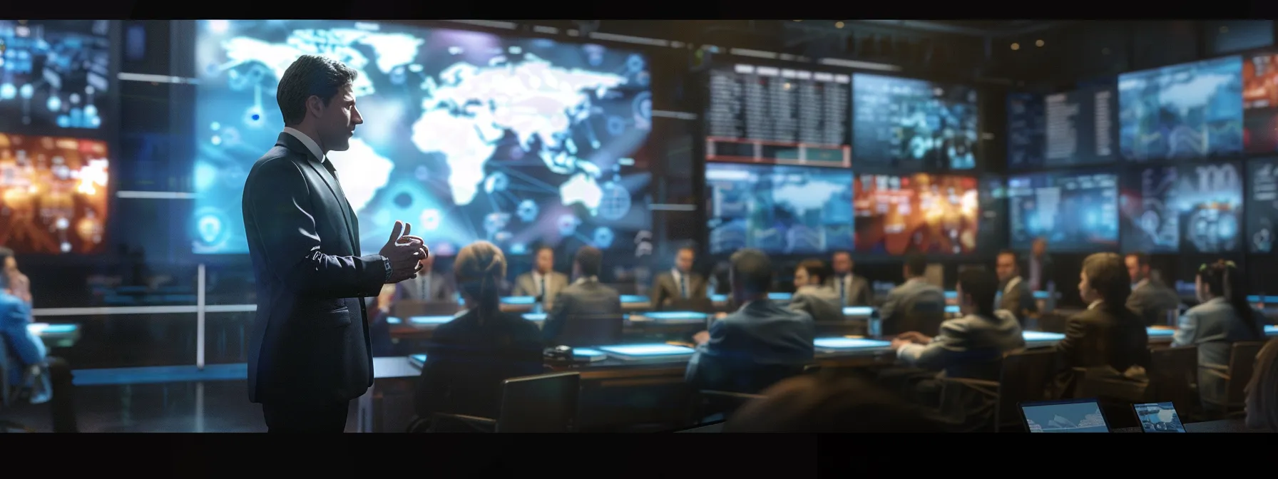 a confident leader in a sharp suit, calmly addressing a diverse group of people in a modern conference room filled with screens displaying real-time data and crisis updates.