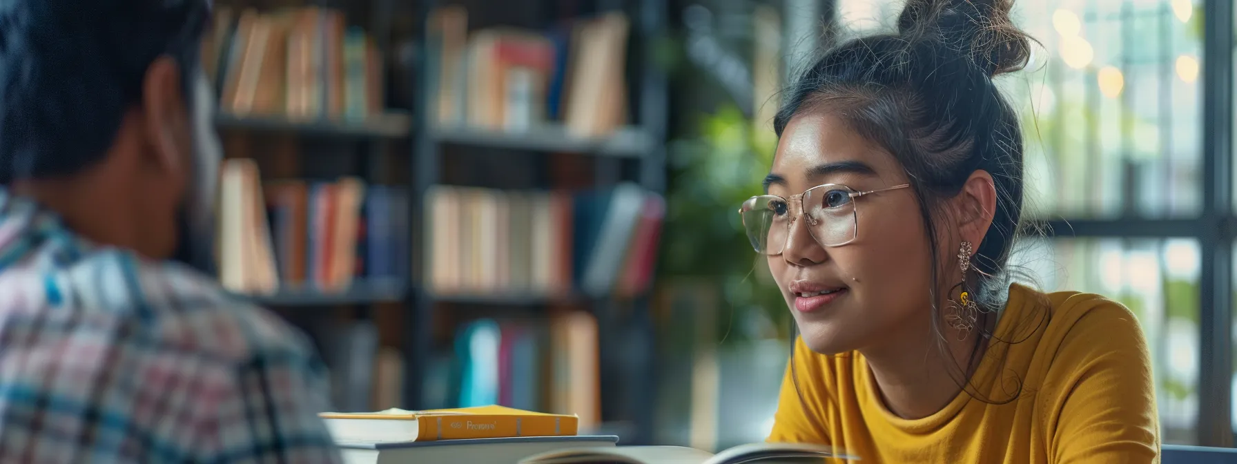 a focused individual surrounded by a stack of books, receiving feedback from a wise mentor in a modern office setting.