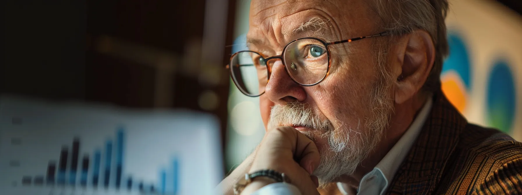 a focused leader, surrounded by charts and graphs, contemplating thoughtfully to make a strategic decision.