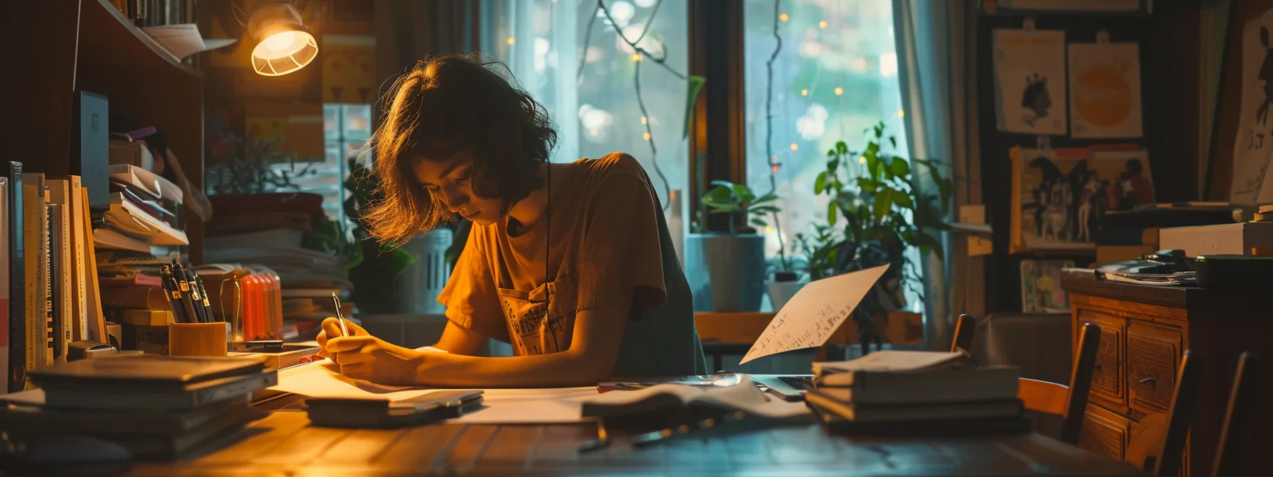 a person sitting at a desk, carefully crafting a character reference letter with a focused expression and organized notes spread out in front of them.