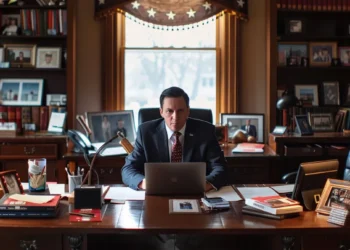 a leader sitting at a desk covered in family photos, a laptop, and folders, symbolizing the juggle of personal and professional responsibilities.