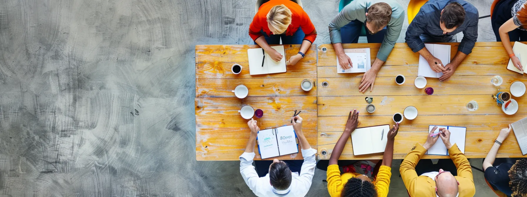 a diverse group of employees collaborating around a conference table, with engaged expressions and hands raised in discussion, reflecting teamwork and stakeholder involvement in organizational change.