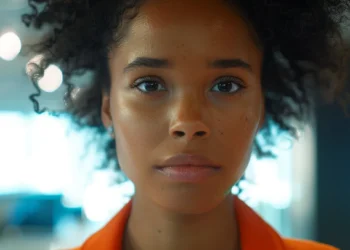 a person confidently presenting their case with a determined look in a brightly lit meeting room.