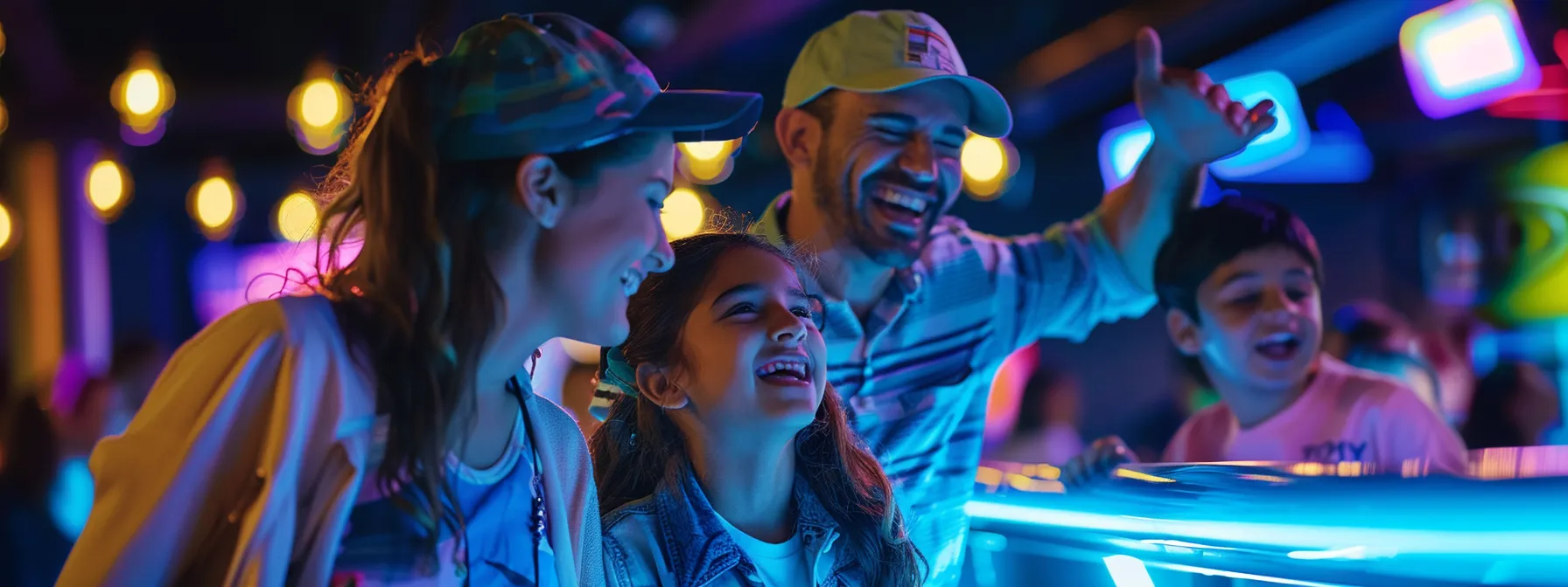 a family laughing and high-fiving as they line up their shots on the brightly lit topgolf range.