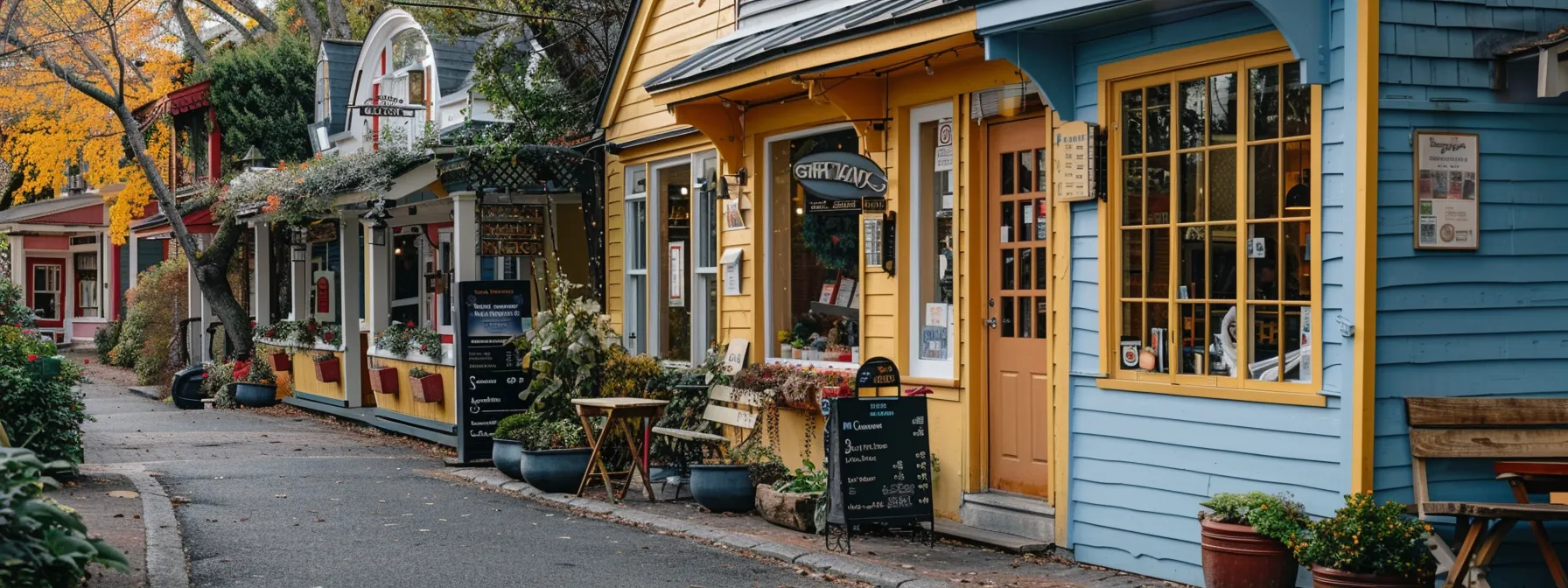 a cozy neighborhood café nestled amongst colorful houses, with a mobile ordering kiosk outside for added convenience.