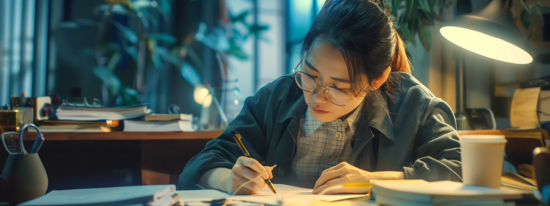 a focused individual writing a character reference letter in a well-lit office, using clear and specific language to convey professionalism and respect.