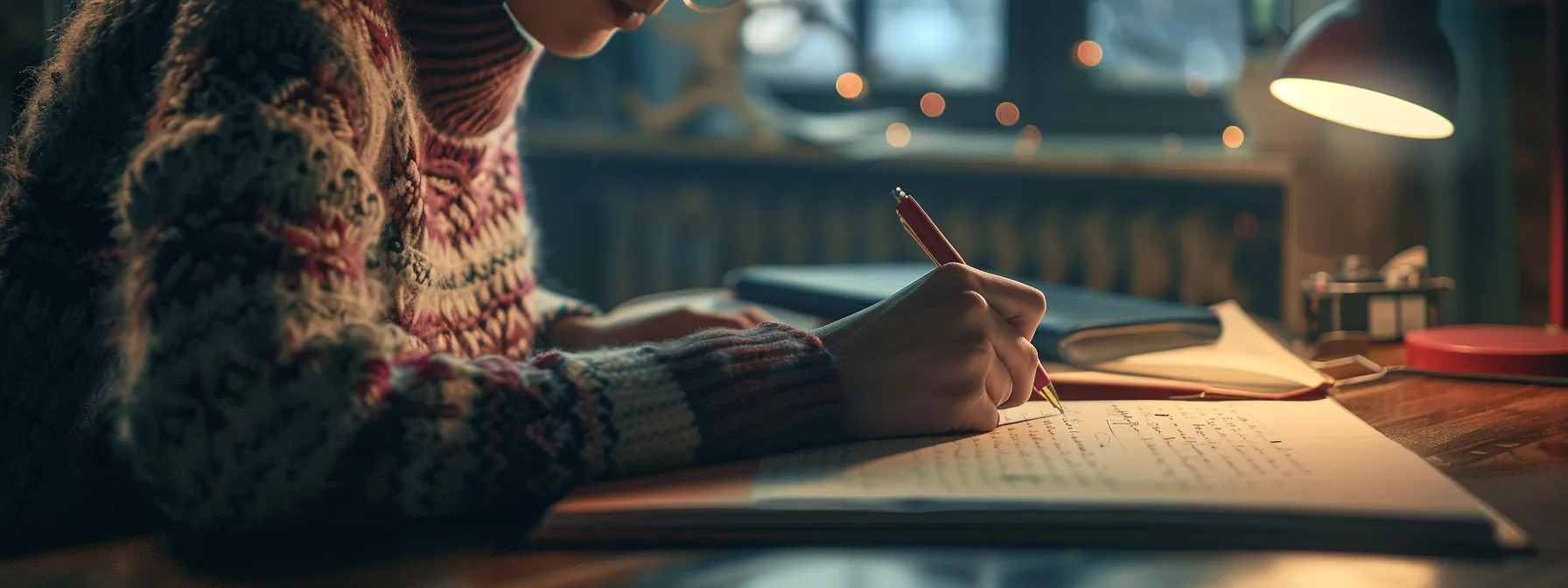 a person carefully crafting a detailed and persuasive character reference letter at a desk with focused determination.