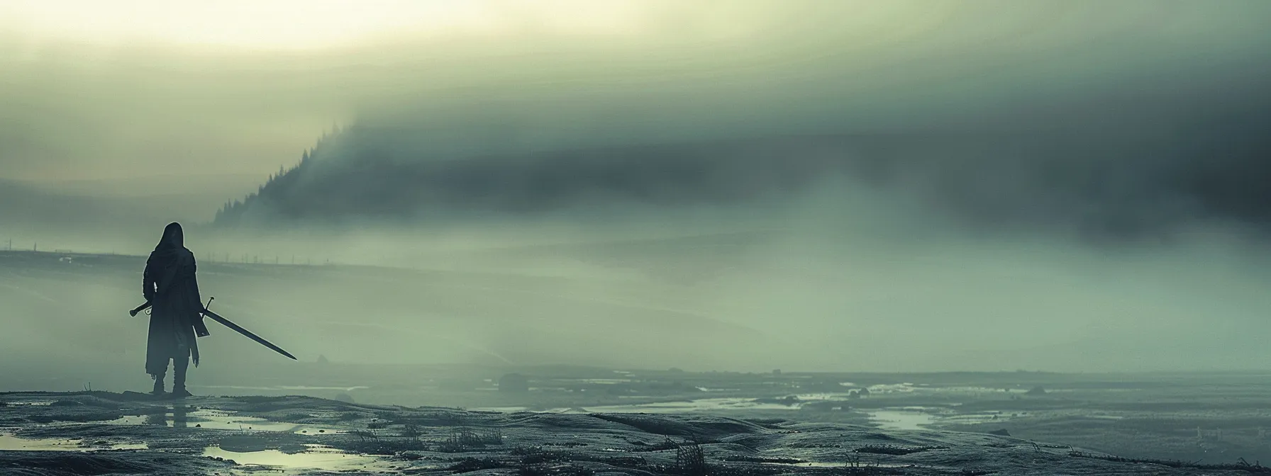 a lone soldier stands at the edge of a vast, mist-covered battlefield, armed with a sword and shield, ready to face the unknown.