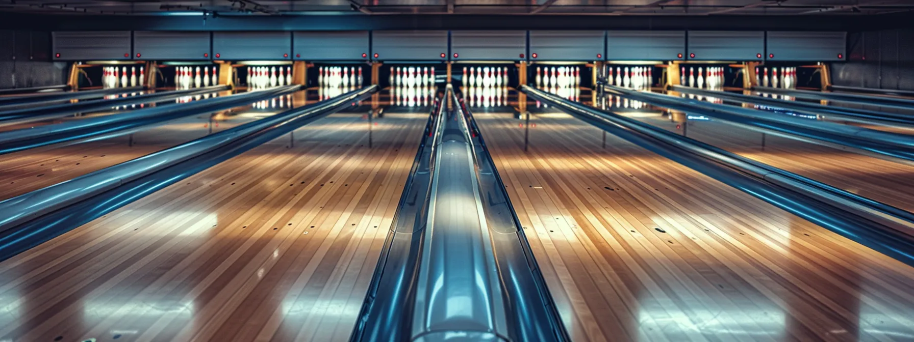 a modern bowling alley with futuristic smart lanes, equipped with sensors and adaptive surfaces, showcasing cutting-edge technology in action.