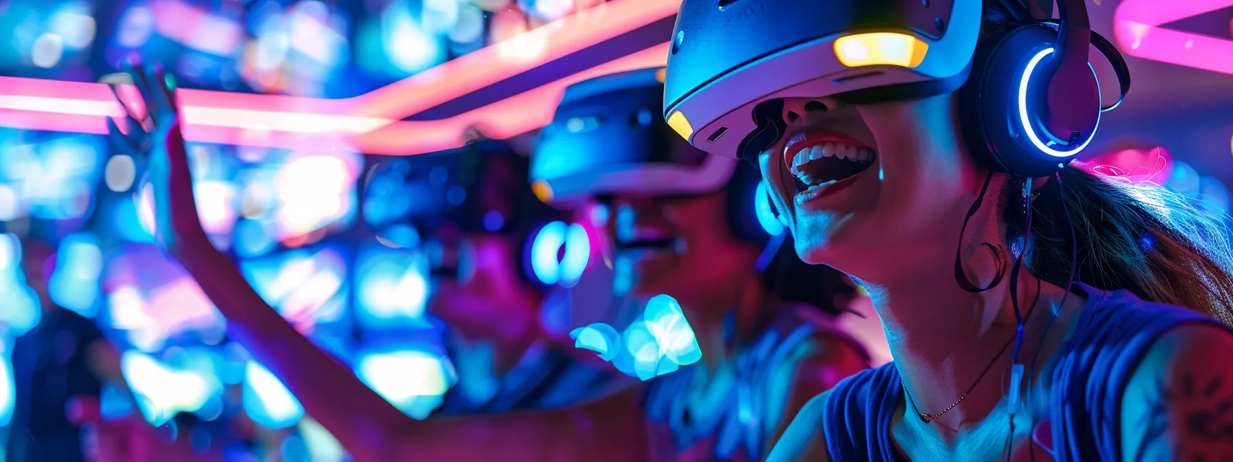 a group of friends immersed in a vibrant vr gaming arena, laughing and engaging in active gameplay, surrounded by futuristic technology and colorful lights.