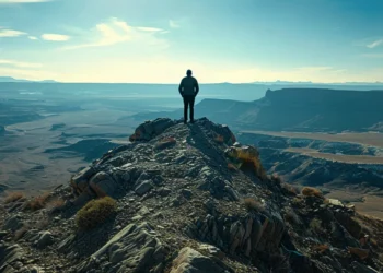 a focused leader standing atop a mountain, surveying a vast landscape with a clear, strategic plan in mind.