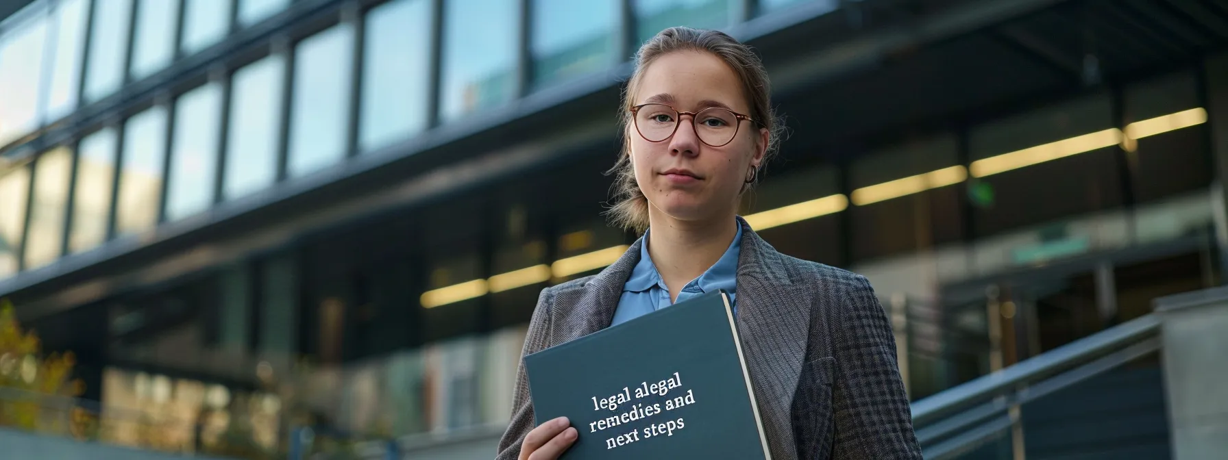 a person standing confidently in front of a legal office building, holding a file labeled 