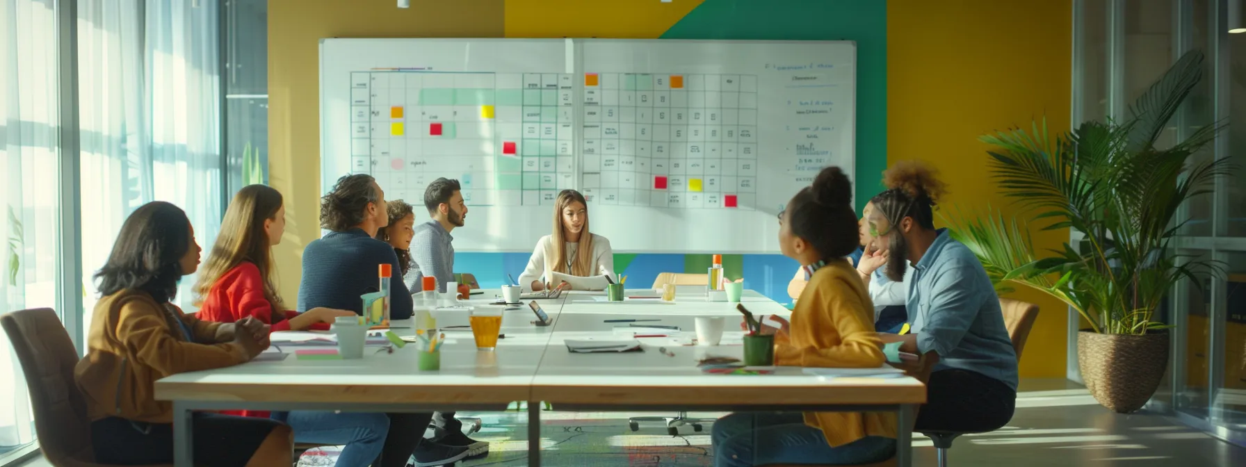 in a bright, modern office space, a diverse team engages in a lively discussion around a conference table, with a whiteboard filled with colorful ideas in the background.