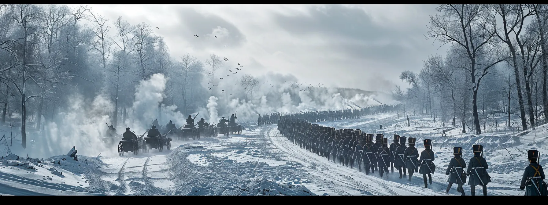 a towering column of soldiers marching through a snow-covered battlefield, with cannons and cavalry strategically positioned in the background, symbolizing napoleon's strategic brilliance in the russian campaign.