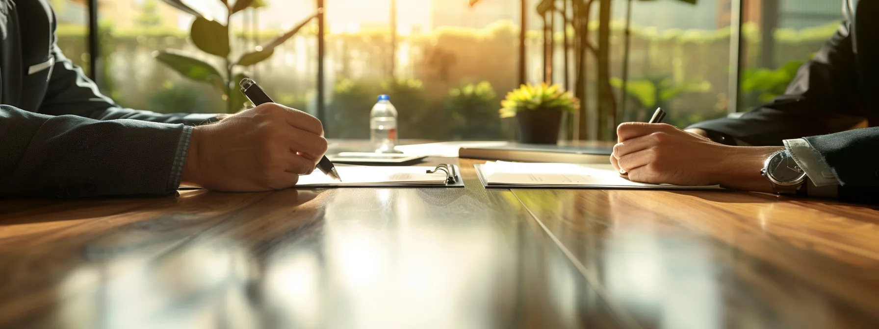 a conference room table with two parties, signing a clear and enforceable mediation agreement, while a mediator oversees the process.