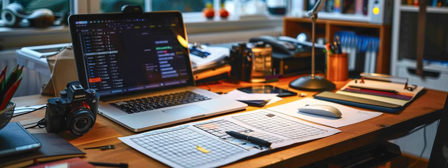 a busy desk with a variety of productivity tools and applications, a neatly organized schedule, and a focused personal assistant working diligently while avoiding distractions.