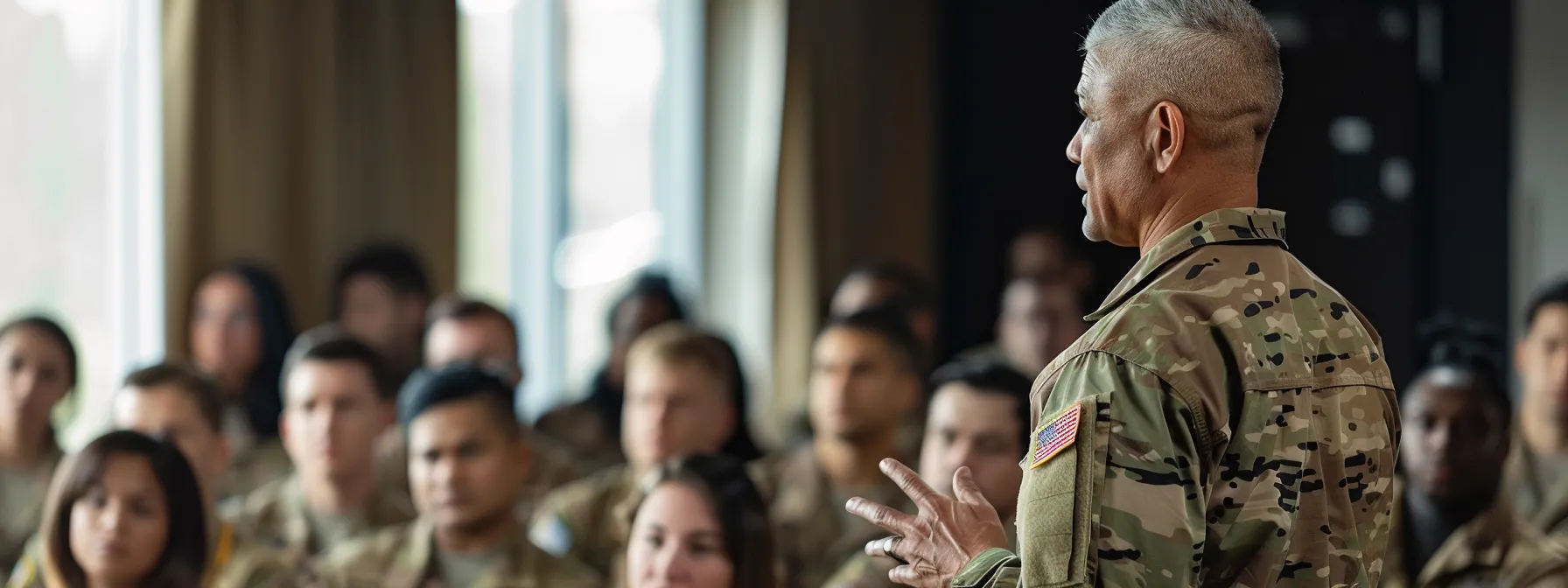 a former military leader confidently addresses a diverse group of employees, exuding strength and strategic leadership while employees listen attentively.