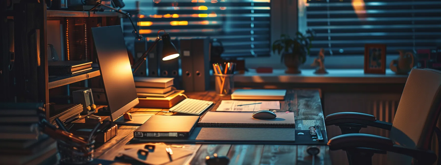 a tidy office desk displaying a balanced mix of digital and physical storage solutions for organizing and safeguarding memos with a sense of order and security.