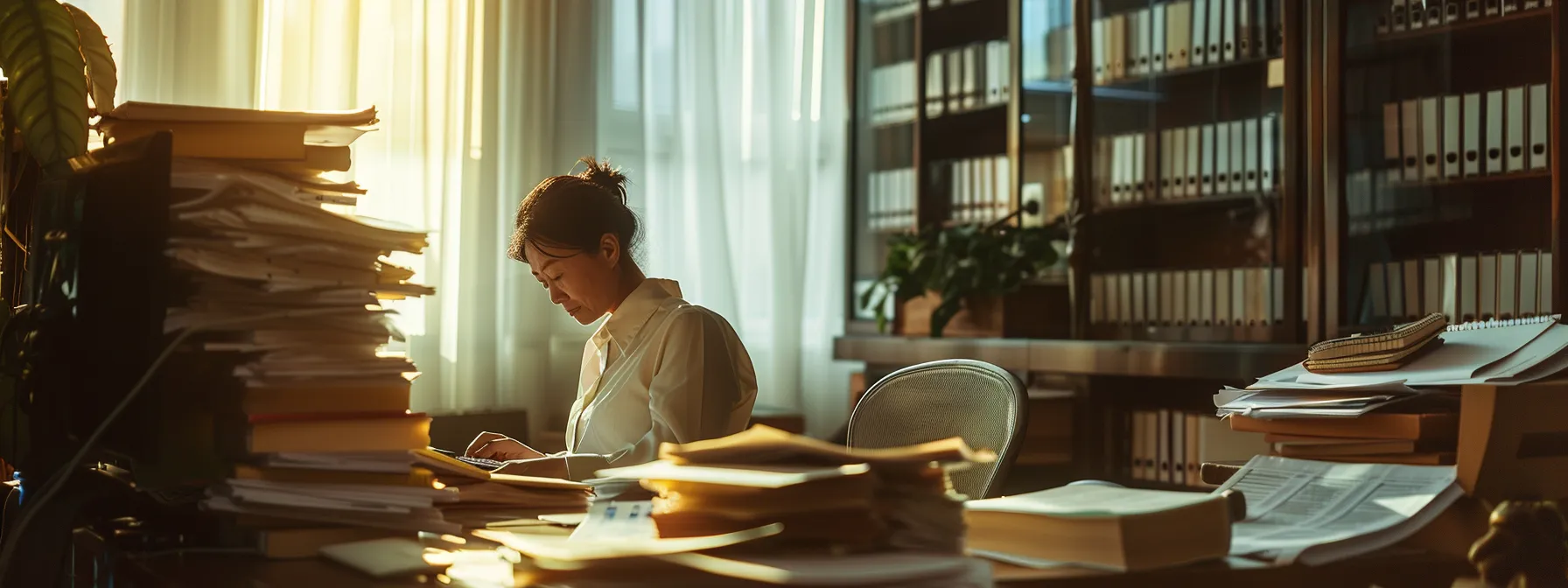 a person surrounded by piles of documents, speaking with hr and a lawyer, maintaining composure in a tense office setting.