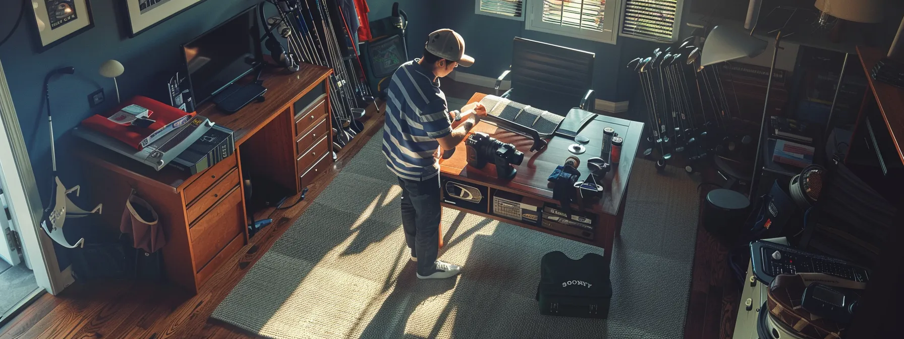 a golfer carefully comparing the costs of entry-level and premium home golf simulators to set a budget, surrounded by various accessories and financing options on a table.