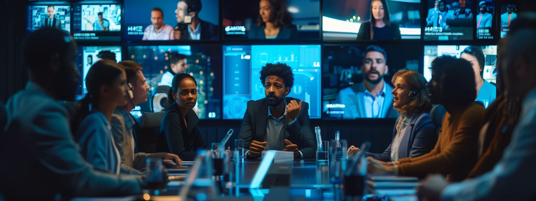 a group of diverse professionals gathered around a conference table, engaged in a lively discussion, surrounded by multiple communication devices and tools.