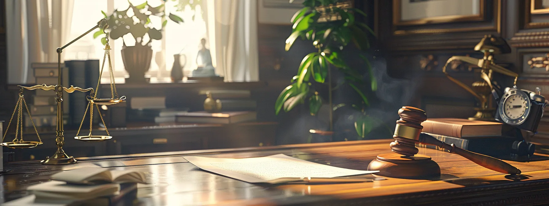 a professional workplace setting, with a character reference letter highlighted on a desk next to a gavel, scales of justice, and a stern-looking judge, symbolizing the importance of integrity and reliability in workplace defense.