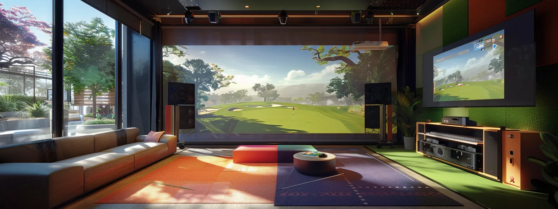 a spacious room with a sleek, high-tech golf simulator set up with colorful hardware components and a large screen displaying a virtual golf course.