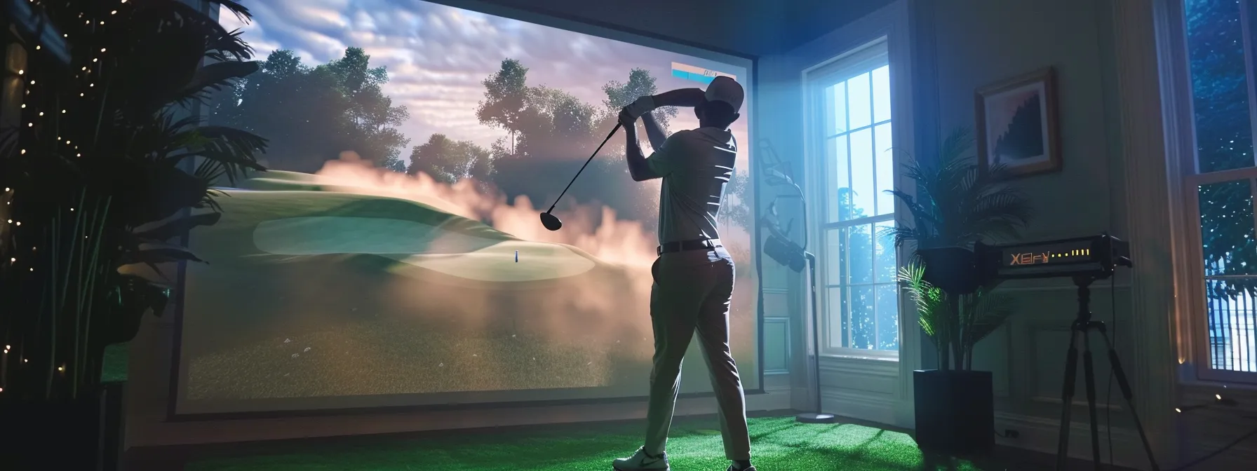 a golfer practicing swings in a high-tech home golf simulator setup, surrounded by immersive graphics and virtual courses similar to those found at topgolf.