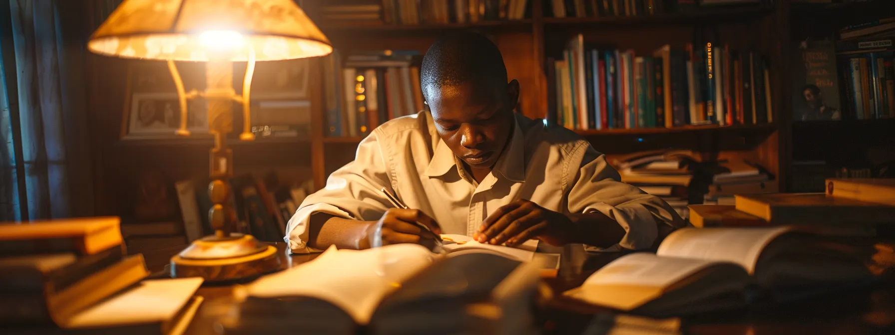 a young nelson mandela studying diligently under a dimly lit lamp, surrounded by books and notes, showcasing his early dedication to education and his future as a lawyer and activist.