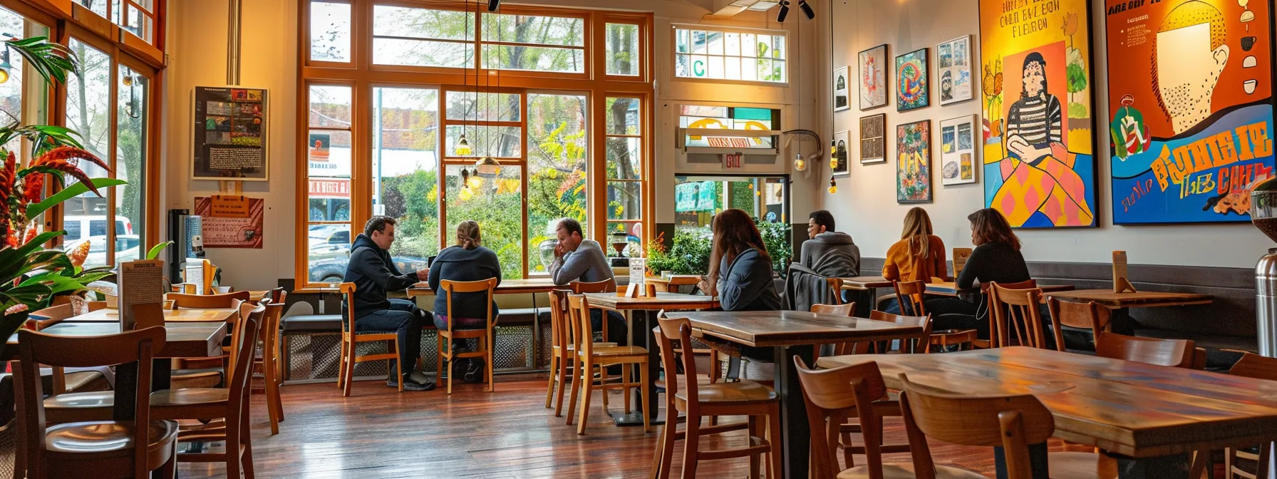 a cozy local cafe filled with quirky decor and vibrant local art, contrasting with a sleek and uniform chain coffee shop, showcasing a variety of comfortable seating options and inviting ambiance.