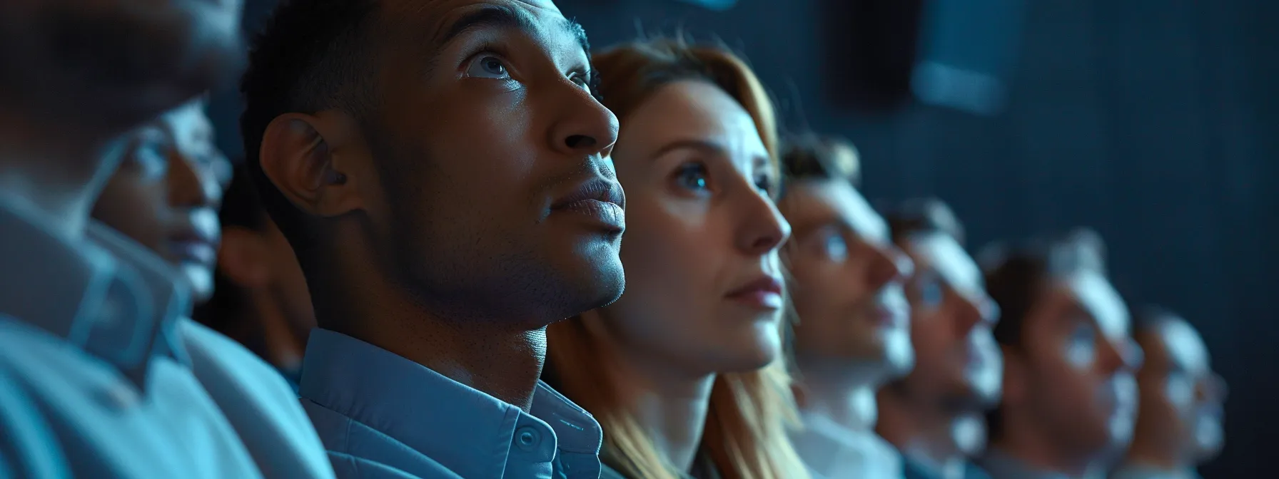 a group of employees eagerly listening to an inspirational leader, their faces reflecting determination and enthusiasm.